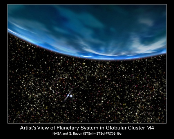 [图片说明]：球状星团M4中行星系统PSR B1620-26的艺术概念图。版权：NASA。